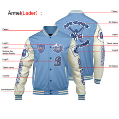 Maßgeschneiderte Blau Weiß Letterman Varsity Jacket Individuelle Stickerei Druck nach Ihrem Wunsch