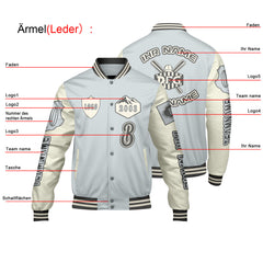 Maßgeschneiderte Grau Weiß Letterman Varsity Jacket Individuelle Stickerei Druck nach Ihrem Wunsch