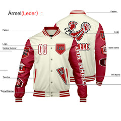 Maßgeschneiderte Weiß Rot Letterman Varsity Jacket Individuelle Stickerei Druck nach Ihrem Wunsch