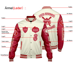 Maßgeschneiderte Weiß Rot Letterman Varsity Jacket Individuelle Stickerei Druck nach Ihrem Wunsch