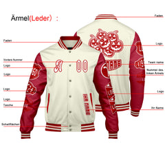 Maßgeschneiderte Weiß Rot Letterman Varsity Jacket Individuelle Stickerei Druck nach Ihrem Wunsch