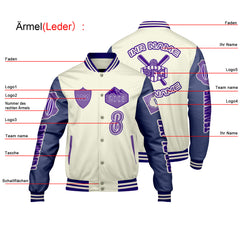 Maßgeschneiderte Weiß Lila Letterman Varsity Jacket Individuelle Stickerei Druck nach Ihrem Wunsch