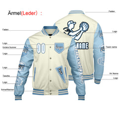 Maßgeschneiderte Weiß Blau Letterman Varsity Jacket Individuelle Stickerei Druck nach Ihrem Wunsch