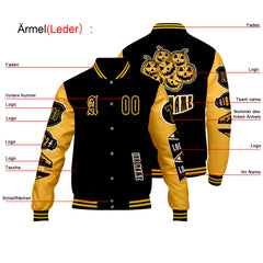 Maßgeschneiderte Schwarz Gelb Letterman Varsity Jacket Individuelle Stickerei Druck nach Ihrem Wunsch