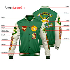 Maßgeschneiderte Grün Weiß Letterman Varsity Jacket Individuelle Stickerei Druck nach Ihrem Wunsch