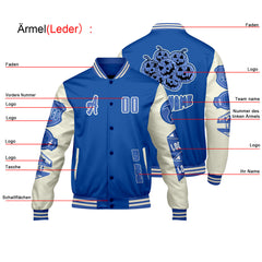 Maßgeschneiderte Blau Weiß Letterman Varsity Jacket Individuelle Stickerei Druck nach Ihrem Wunsch