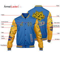 Maßgeschneiderte Blau Gelb Letterman Varsity Jacket Individuelle Stickerei Druck nach Ihrem Wunsch