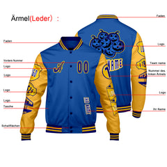 Maßgeschneiderte Blau Gelb Letterman Varsity Jacket Individuelle Stickerei Druck nach Ihrem Wunsch