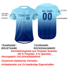 Benutzerdefiniert Hellblau Blau Personalisierter Baseball Jersey mit Farbverlauf Team Uniform mit Namen und Nummer