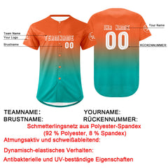 Benutzerdefiniert Orange Cyan Personalisierter Baseball Jersey mit Farbverlauf Team Uniform mit Namen und Nummer