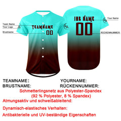Benutzerdefiniert Cyan Braun Personalisierter Baseball Jersey mit Farbverlauf Team Uniform mit Namen und Nummer