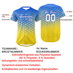 Benutzerdefiniert Blau Gelb Personalisierter Baseball Jersey mit Farbverlauf Team Uniform mit Namen und Nummer