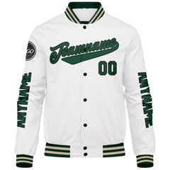 Maßgeschneiderte Dunkelgrün Weiß Creme Letterman Varsity Jacket Individuelle Stickerei Druck nach Ihrem Wunsch