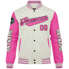 Maßgeschneiderte Creme Rosa Letterman Varsity Jacket Individuelle Stickerei Druck nach Ihrem Wunsch