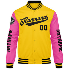 Maßgeschneiderte Gelb Rosa Schwarz Letterman Varsity Jacket Individuelle Stickerei Druck nach Ihrem Wunsch