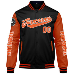 Maßgeschneiderte Schwarz Orange Letterman Varsity Jacket Individuelle Stickerei Druck nach Ihrem Wunsch