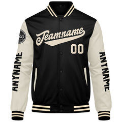 Maßgeschneiderte Schwarz Creme Letterman Varsity Jacket Individuelle Stickerei Druck nach Ihrem Wunsch