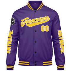 Maßgeschneiderte Lila Gelb Letterman Varsity Jacket Individuelle Stickerei Druck nach Ihrem Wunsch