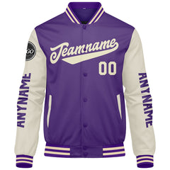 Maßgeschneiderte Lila Creme Letterman Varsity Jacket Individuelle Stickerei Druck nach Ihrem Wunsch