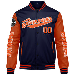 Maßgeschneiderte Marine Orange Letterman Varsity Jacket Individuelle Stickerei Druck nach Ihrem Wunsch