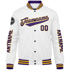Maßgeschneiderte Lila Weiß Gelb Letterman Varsity Jacket Individuelle Stickerei Druck nach Ihrem Wunsch