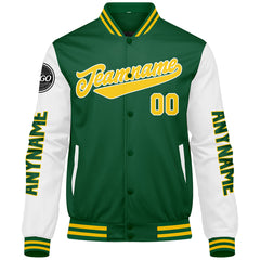 Maßgeschneiderte Grün Gelb Weiß Letterman Varsity Jacket Individuelle Stickerei Druck nach Ihrem Wunsch