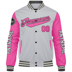 Maßgeschneiderte Grau Rosa Letterman Varsity Jacket Individuelle Stickerei Druck nach Ihrem Wunsch