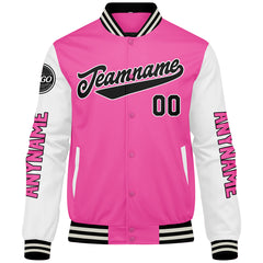 Maßgeschneiderte Rosa Weiß Letterman Varsity Jacket Individuelle Stickerei Druck nach Ihrem Wunsch