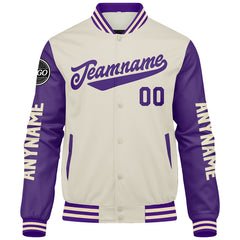 Maßgeschneiderte Lila Creme Letterman Varsity Jacket Individuelle Stickerei Druck nach Ihrem Wunsch