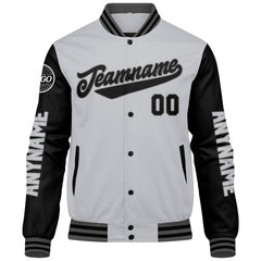 Maßgeschneiderte Grau Schwarz Letterman Varsity Jacket Individuelle Stickerei Druck nach Ihrem Wunsch