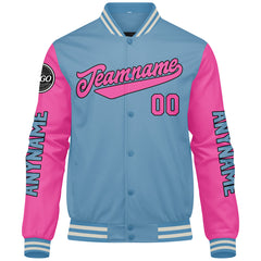 Maßgeschneiderte Hellblau Rosa Letterman Varsity Jacket Individuelle Stickerei Druck nach Ihrem Wunsch