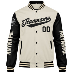 Maßgeschneiderte Schwarz Creme Letterman Varsity Jacket Individuelle Stickerei Druck nach Ihrem Wunsch