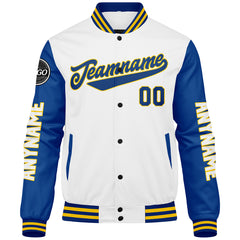 Maßgeschneiderte Königliche Weiß Gelb Letterman Varsity Jacket Individuelle Stickerei Druck nach Ihrem Wunsch