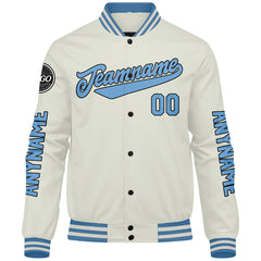 Maßgeschneiderte Creme Hellblau Letterman Varsity Jacket Individuelle Stickerei Druck nach Ihrem Wunsch