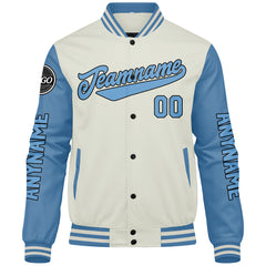 Maßgeschneiderte Hellblaue Creme Letterman Varsity Jacket Individuelle Stickerei Druck nach Ihrem Wunsch