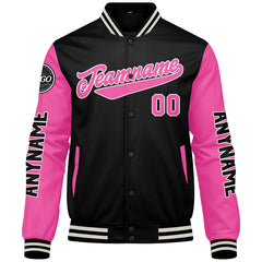 Maßgeschneiderte Schwarz Rosa Letterman Varsity Jacket Individuelle Stickerei Druck nach Ihrem Wunsch
