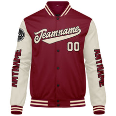 Maßgeschneiderte Crimson Creme Letterman Varsity Jacket Individuelle Stickerei Druck nach Ihrem Wunsch