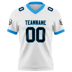 Benutzerdefinierte Weiß Blau Schwarz Fußball Trikots Personalisierter Name Nummer Logo