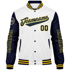 Maßgeschneiderte Marine Weiß Gelb Letterman Varsity Jacket Individuelle Stickerei Druck nach Ihrem Wunsch