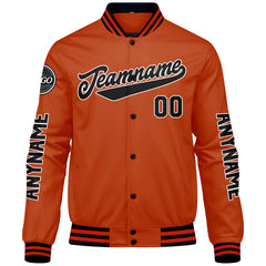 Maßgeschneiderte Schwarz Orange Letterman Varsity Jacket Individuelle Stickerei Druck nach Ihrem Wunsch