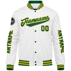 Maßgeschneiderte Grün Gelb Weiß Letterman Varsity Jacket Individuelle Stickerei Druck nach Ihrem Wunsch