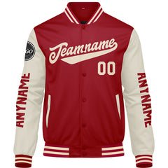 Maßgeschneiderte Rot Creme Letterman Varsity Jacket Individuelle Stickerei Druck nach Ihrem Wunsch