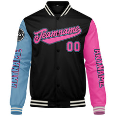 Maßgeschneiderte Schwarz Hellblau Rosa Letterman Varsity Jacket Individuelle Stickerei Druck nach Ihrem Wunsch