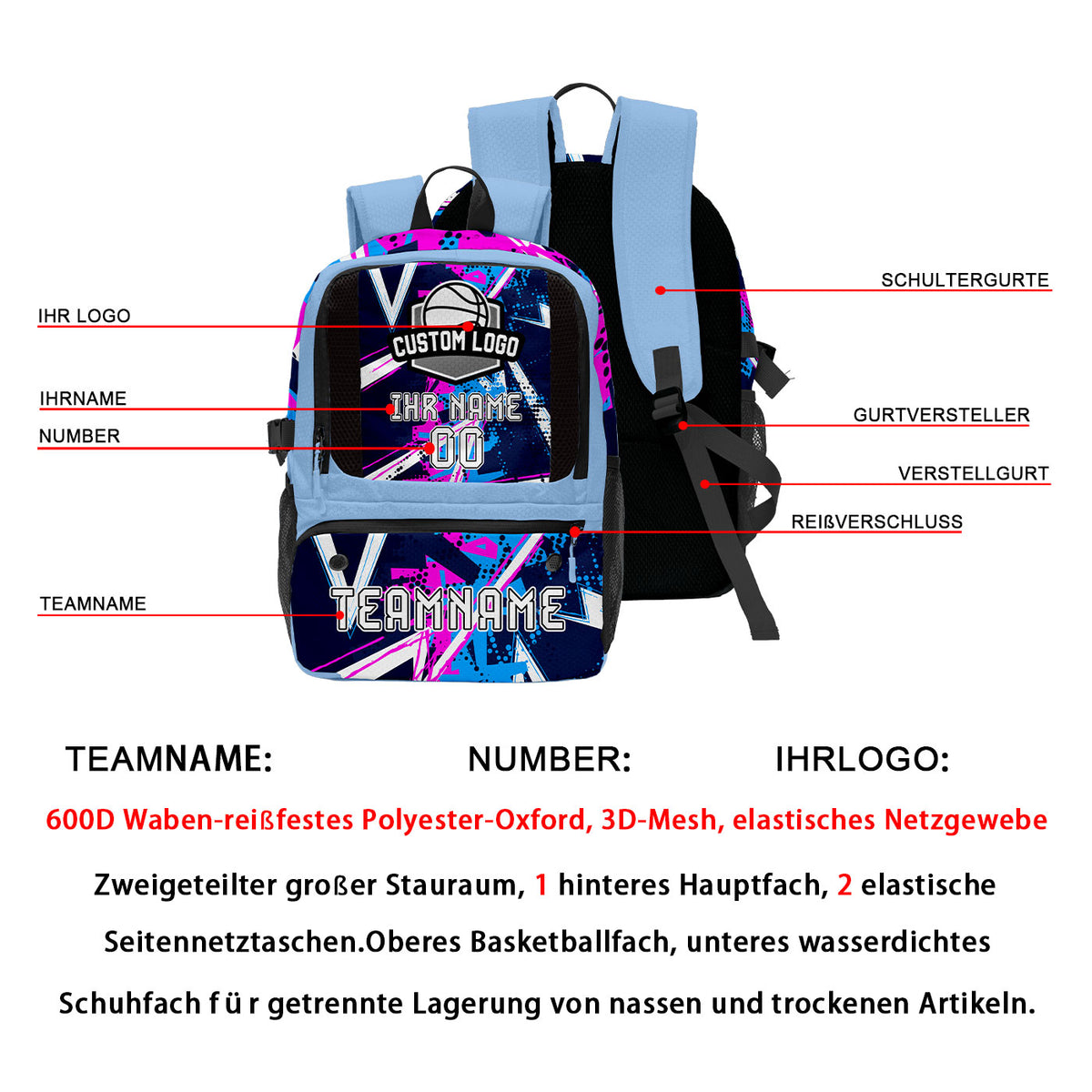 Personalisierter Basketball - und Fußballrucksack in Blau & Schwarz und Weiß mit Spielernamen & Nummern und Teamlogo #BP-0919-0005