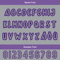 Maßgeschneiderte Lila Grau Letterman Varsity Jacket Individuelle Stickerei Druck nach Ihrem Wunsch