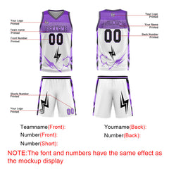 Benutzerdefinierter Weiß Lila Basketball Jersey Uniform Anzug gedruckt Ihr Logo Name Nummer