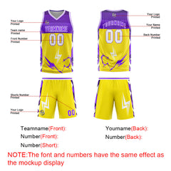 Benutzerdefinierter Gelb Lila Basketball Jersey Uniform Anzug gedruckt Ihr Logo Name Nummer