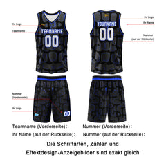 Benutzerdefinierter Schwarz Azurblau Basketball Jersey Uniform Anzug gedruckt Ihr Logo Name Nummer