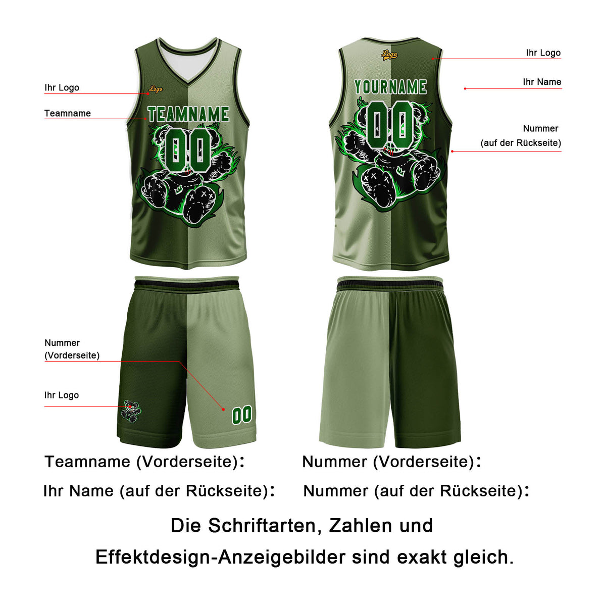 Benutzerdefinierter Olive Grün Basketball Jersey Uniform Anzug gedruckt Ihr Logo Name Nummer