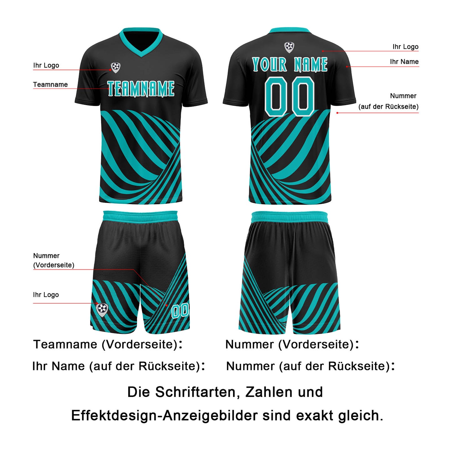 Benutzerdefinierte Schwarz Blaugrün Trikots für Männer Frauen Personalisierte Fußball Uniformen für Erwachsene und Kind